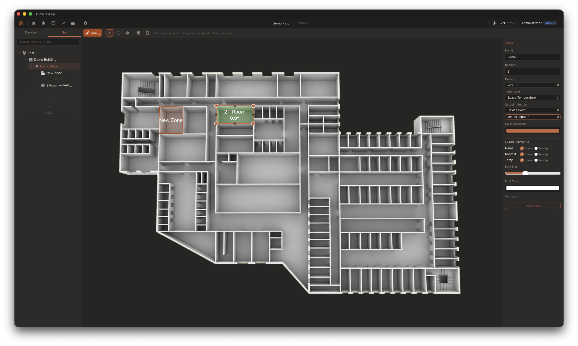 OpenCrate floor plan view with zone temperatures and equipment overlays