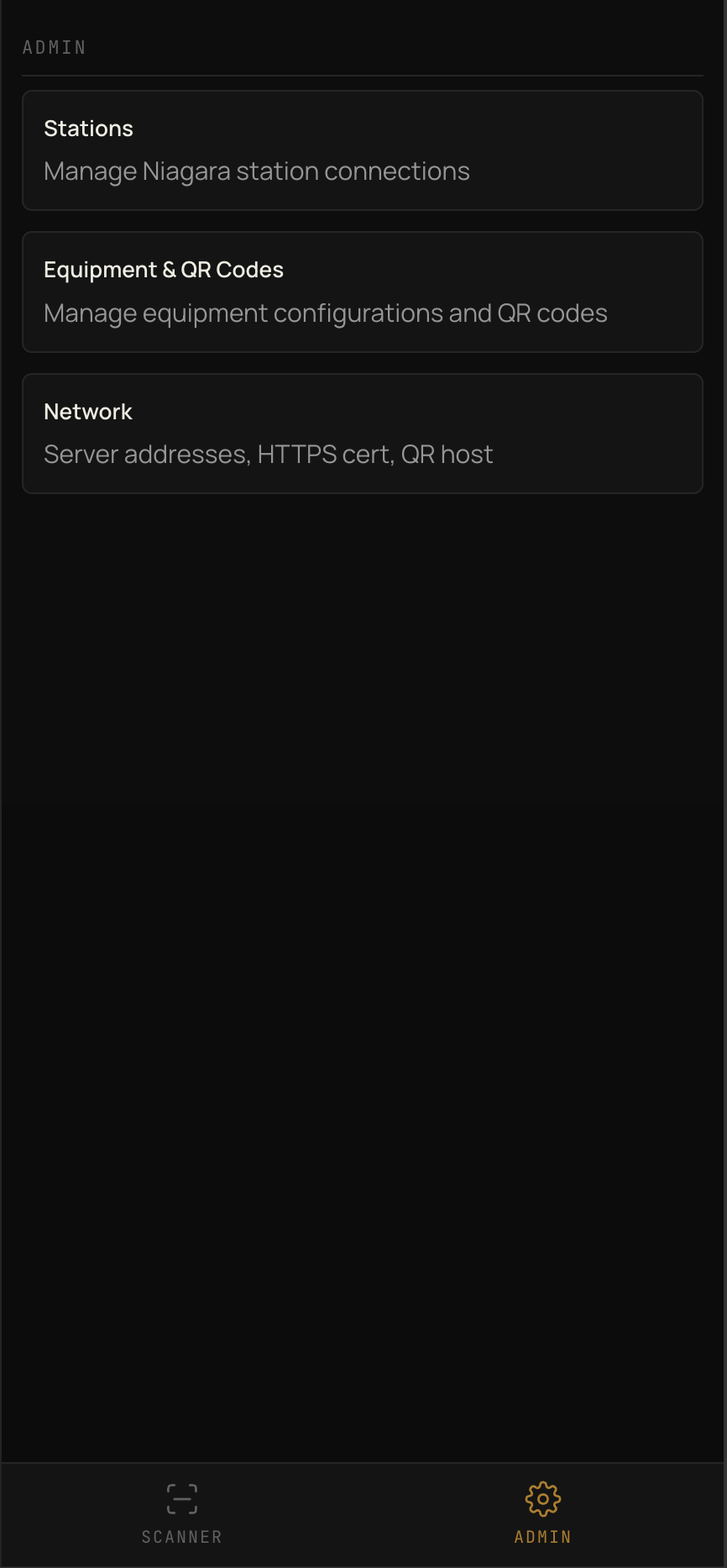 QRBAS admin menu with stations, equipment, and network options