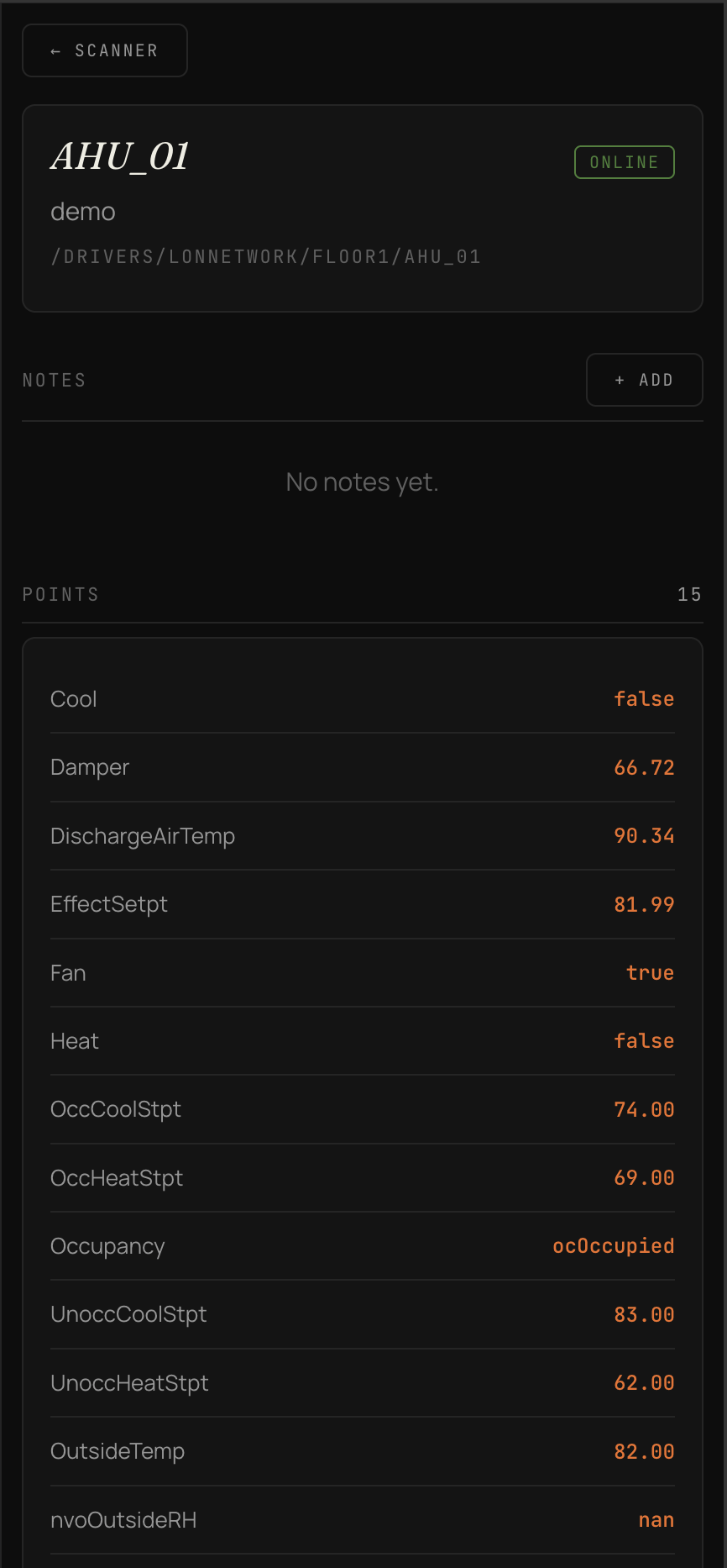 QRBAS equipment page showing live Niagara point values on a phone screen