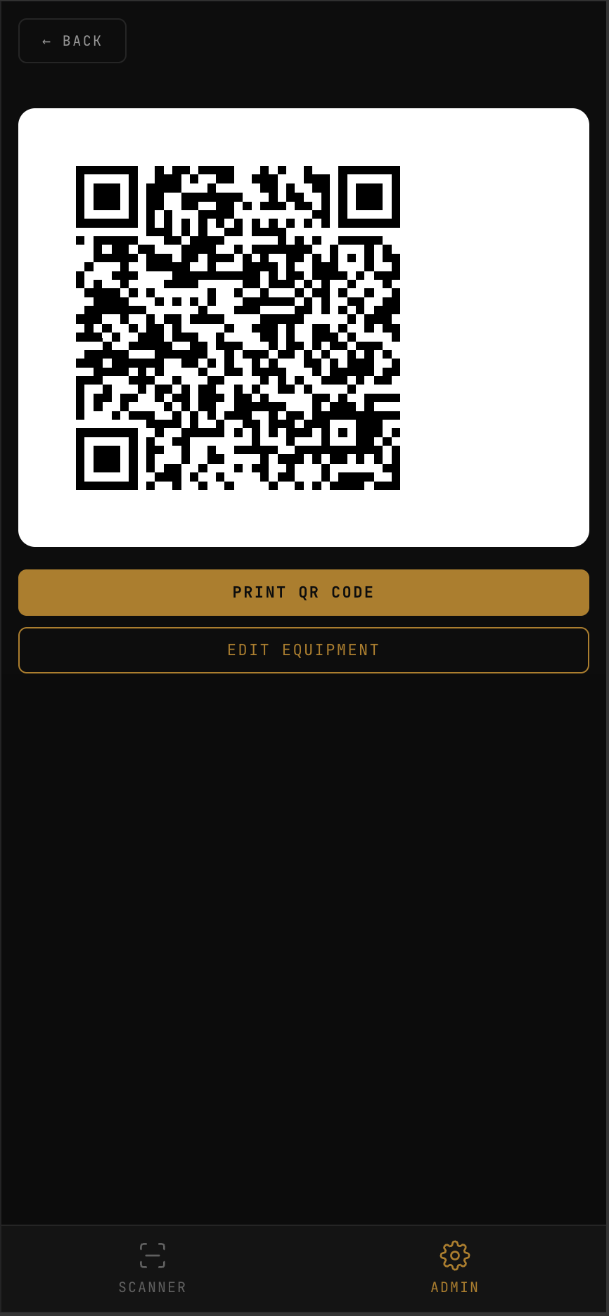 QRBAS generated QR code screen for printing an equipment label